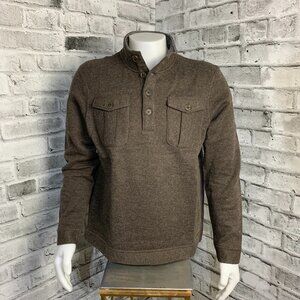 Merrell Sweater Mens L Brown Wool Blend Mock Neck 1/4 Button Pockets Pullover